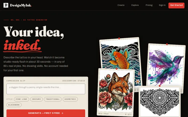 DesignMyInk — AI tattoo design generator, 'Your idea, inked'