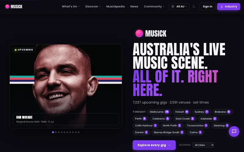 Musick homepage — Australia's live music scene, 7,000+ upcoming gigs