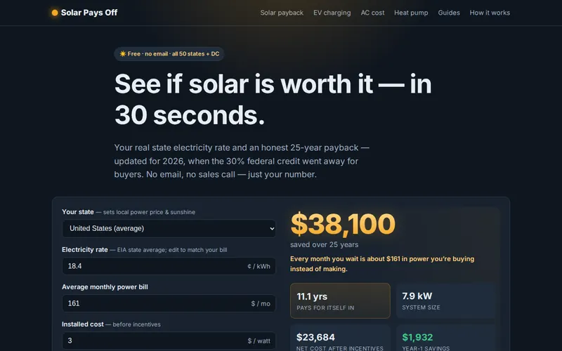 Solar Pays Off — see if solar is worth it in 30 seconds